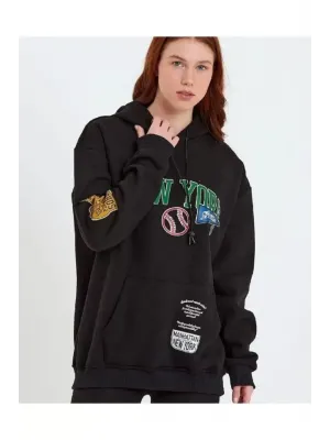 Baskılı Kapüşonlu Sweatshirt - Siyah