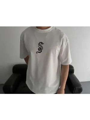 Baskılı Oversize Bisiklet Yaka T-shirt - Beyaz