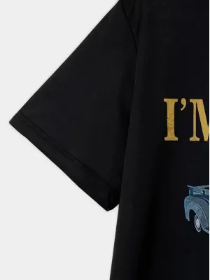 Baskılı Oversize Bisiklet Yaka T-shirt - Siyah