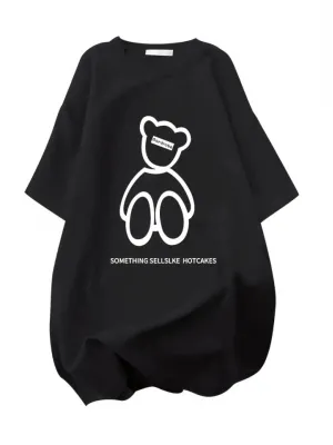 Baskılı Oversize Bisiklet Yaka T-shirt - Siyah