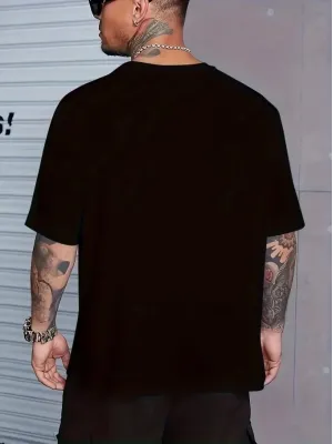 Baskılı Oversize Bisiklet Yaka T-shirt - Siyah