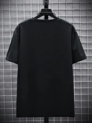 Baskılı Oversize Bisiklet Yaka T-shirt - Siyah