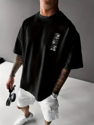 Baskılı Oversize Bisiklet Yaka T-shirt - Siyah