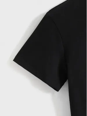 Baskılı Oversize Bisiklet Yaka T-shirt - Siyah