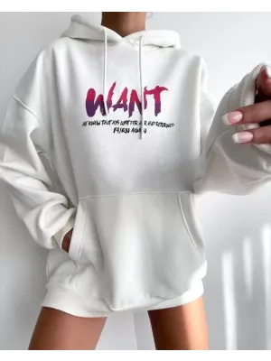 Baskılı Üç İplik Kapüşonlu Oversize Sweatshirt - Beyaz