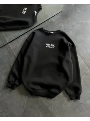 Bisiklet Yaka Üç İplik Baskılı Oversize SweatShirt - Siyah