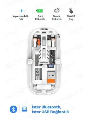 Bluetooth USB Çift Modlu Sessiz Mouse, Şeffaf Mıknatıslı Kapaklı, TypeC Şarjlı, DPI Ayarlı, Kablosuz 10m Çekim Mesafeli, Masaüstü Kısayol Tuşlu, Taşınabilir Şarjlı Mouse Beyaz