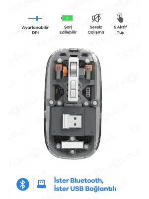 Bluetooth USB Çift Modlu Sessiz Mouse, Şeffaf Mıknatıslı Kapaklı, TypeC Şarjlı, DPI Ayarlı, Kablosuz 10m Çekim Mesafeli, Masaüstü Kısayol Tuşlu, Taşınabilir Şarjlı Mouse Siyah
