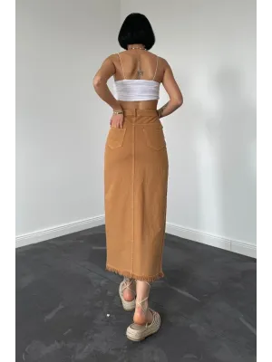 Camel Gabardin Boyamalı Püsküllü Etek