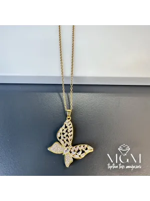 Çelik Zirkon Taşlı Kelebek Kolye - Kl0126