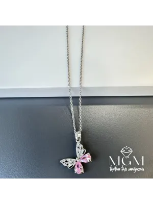 Çelik Zirkon Taşlı Kelebek Kolye - Kl0142