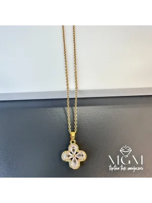 Çelik Zirkon Taşlı Yonca Kolye - Kl0112