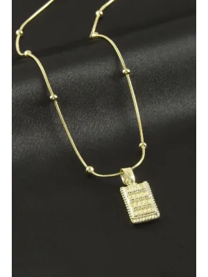 Dikdörtgen Zirkon Taşlı Lüks Çelik Kolye