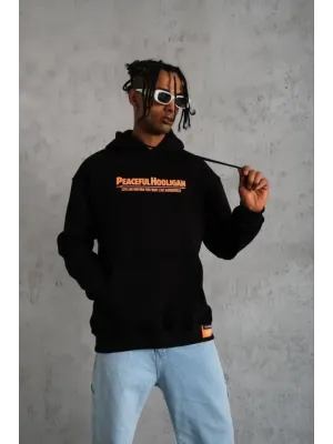 Erkek Armalı Baskılı Kapüşonlu Sweatshirt - Siyah