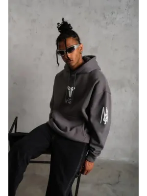 Erkek Baskılı Kapüşonlu Sweat - Gri