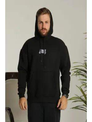 Erkek Baskılı Oversize Üç İplik Kapüşonlu Sweatshirt - Siyah