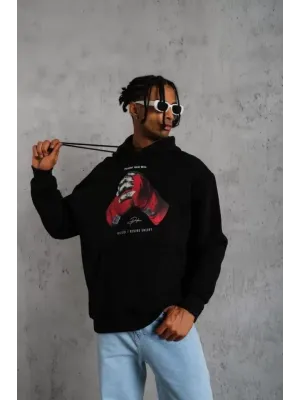 Erkek Eldiven Baskılı Kapüşonlu Sweat - Siyah