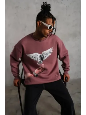Erkek Güvercin Baskılı Sweatshirt - Gül Kurusu