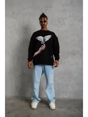 Erkek Güvercin Baskılı Sweatshirt - Siyah