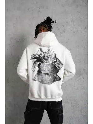 Erkek Kanguru Cep Baskılı Kapüşonlu Sweatshirt - Beyaz