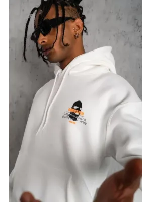 Erkek Kordonlu Maske Baskılı Kapüşonlu Sweat - Beyaz