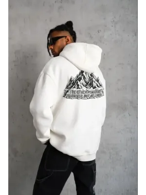 Erkek Nihilist Penguen Temalı Oversize Kapüşonlu Sweatshirt - Beyaz