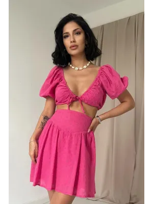 Fuşya Brode Crop Ve Mini Etek Takım