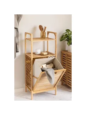 2 Organizer Raflı Ahşap Bambu Çek-Aç Kirli Sepeti