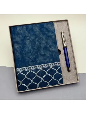 Mavi Termo Deri Defter Ve Metal Roller Kalem Seti
