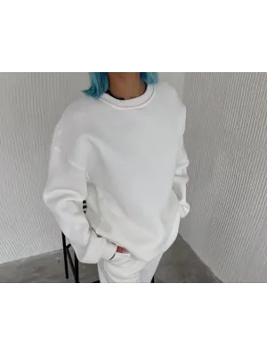Kadın Bisiklet Yaka 3 İplik Pamuklu Basic SweatShirt - Beyaz