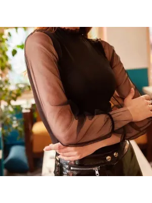 Kadın Kolları Tül Detaylı örme Krep Kumaş Bluz