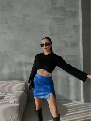 KAPİTONE DERİ ETEK YIRTMAÇLI - Saks
