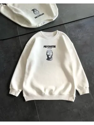 Kışlık Bisiklet Yaka Baskılı SweatShirt - Beyaz