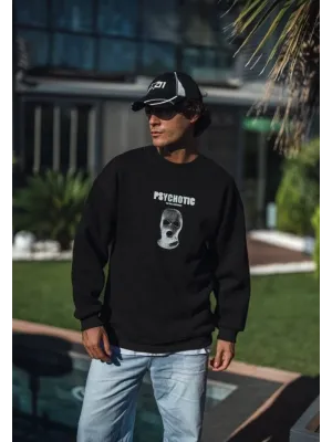 Kışlık Bisiklet Yaka Baskılı SweatShirt - Siyah