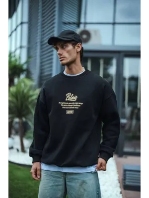 Kışlık Bisiklet Yaka Ön Ve Arka Baskılı SweatShirt - Siyah