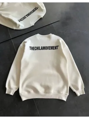 Kışlık Bisiklet Yaka Oversize Baskılı SweatShirt - Beyaz