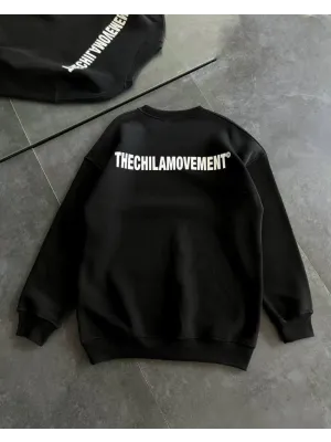 Kışlık Bisiklet Yaka Oversize Baskılı SweatShirt - Siyah