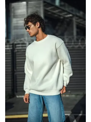 Kışlık Bisiklet Yaka Üç İplik Basic SweatShirt - Beyaz