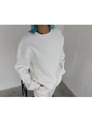 Kışlık Bisiklet Yaka Üç İplik Basic SweatShirt - Beyaz