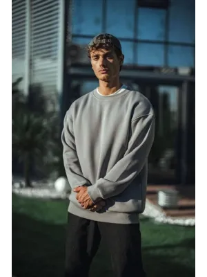 Kışlık Bisiklet Yaka Üç İplik Basic SweatShirt - Boyalı Gri