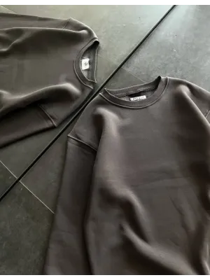 Kışlık Bisiklet Yaka Üç İplik Basic SweatShirt - Füme