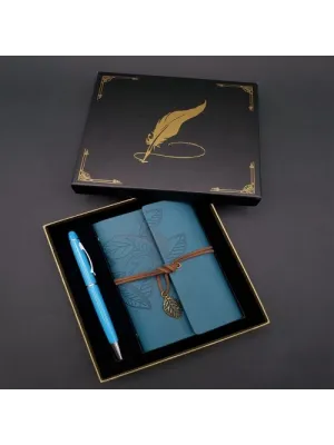 Metal Kalem ve Mavi Deri Defter