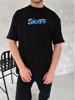 Ön Ve Arka Baskılı Oversize Bisiklet Yaka T-shirt- Siyah