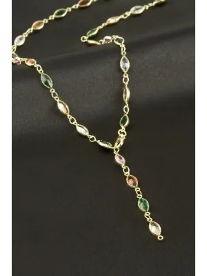 Oval Zirkon Taşlı Y Kolye