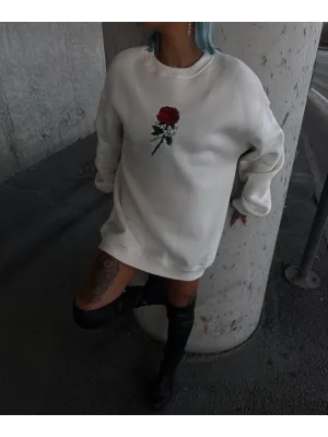 Oversize Üç İplik Bisiklet Yaka Baskılı SweatShirt - Beyaz