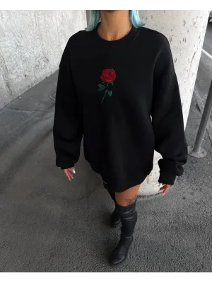 Oversize Üç İplik Bisiklet Yaka Baskılı SweatShirt - Siyah