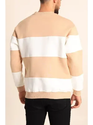 Parçalı Bisiklet Yaka Baskılı SweatShirt - Bej