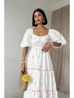Pudra Dantel Detaylı Brode Elbise