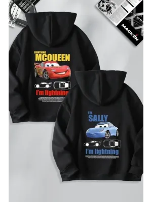 Sevgililer Günü Özel Kapüşonlu Araba Baskılı Oversize Sweatshirt - Siyah