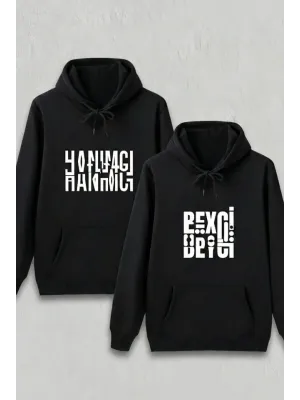 Sevgililer Günü Özel Kapüşonlu Beyci Baskılı Oversize Sweatshirt - Siyah